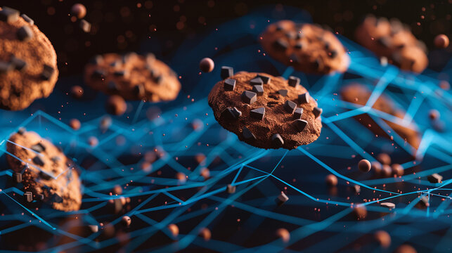 Chocolate cookies floating on top of a blue network grid with data connections between them