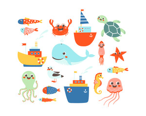 Sea life vector collection. Cartoon jellyfish, fish, crab, seahorse, octopus, seagull, whale, and ships on a white background.