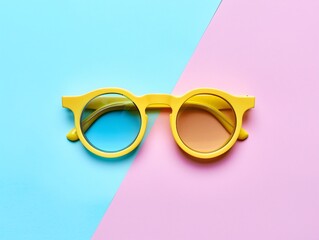 a yellow glasses on a pink and blue background