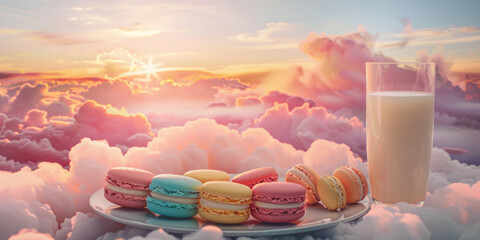 a plate of macarons in a pink of colors with a glass of milk on fluffy clouds in the sky, sunset,...