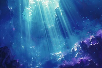 mystical underwater scene with ethereal light rays penetrating the deep blue sea digital painting