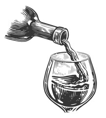 Wine pours from a bottle into a glass. Hand drawn illustration engraving style. Vintage sketch