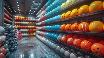 colorful bowling balls lined up in a modern bowling alley