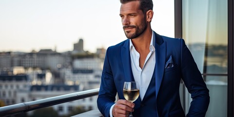 Dressed in a dashing blue suit, a man stands on a balcony with a glass of wine, surrounded by the majestic city skyline, creating an ambiance of luxury and sophistication. - obrazy, fototapety, plakaty