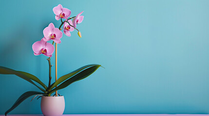 Beautiful orchid flower on table against color wall