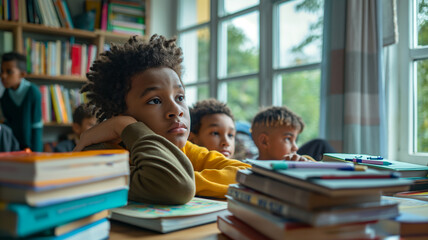 Child Burnout from Academic Pressure. Weary expressions on their faces. They are encircled by books, besieged by the demands of exams and assignments, illustrating the toll of academic pressure - obrazy, fototapety, plakaty