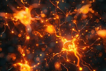 neural pathways on fire glowing nodes in branching network warm abstract 3d render