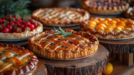  freshly-baked fruit pies on display, homemade dessert table - obrazy, fototapety, plakaty