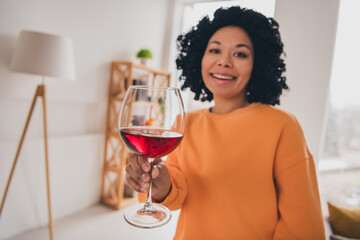 Photo portrait of lovely young lady hold wine glass toast dressed casual orange clothes cozy day light home interior living room - obrazy, fototapety, plakaty
