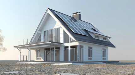 A rendering of a modern house with solar panels on the roof

