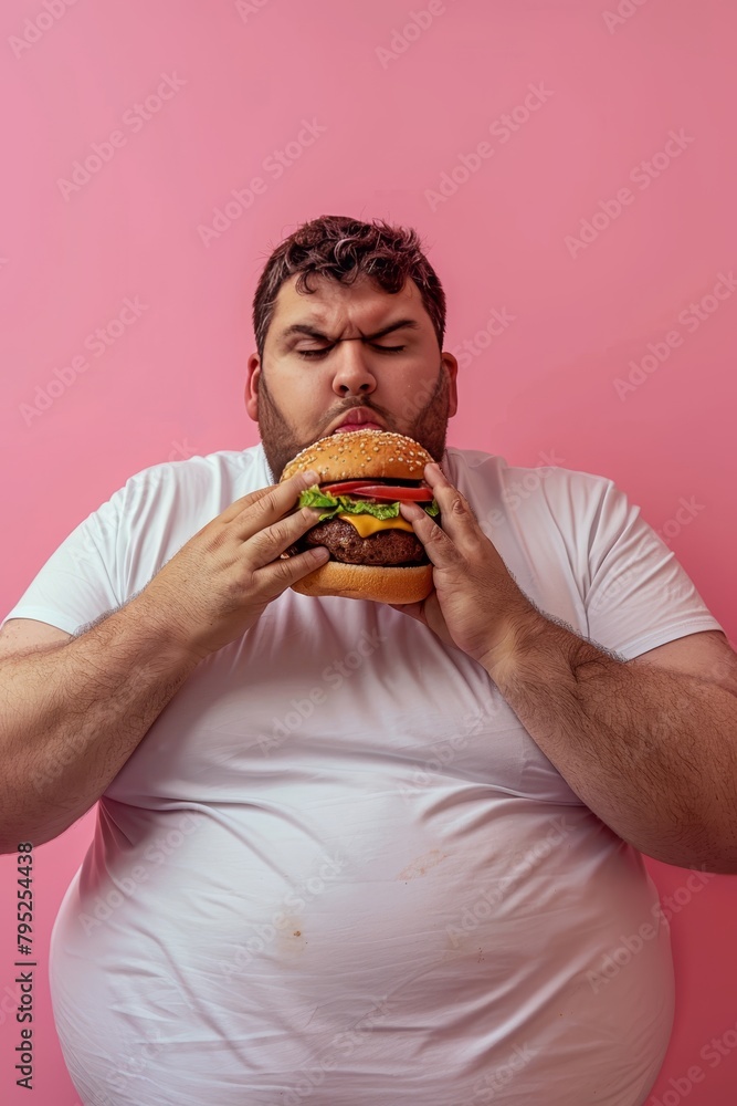 Aufkleber man enjoying tasty burger in portrait on soft colored backdrop with space for text