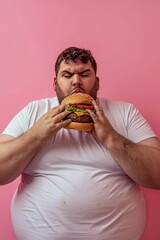 Man enjoying tasty burger in portrait on soft colored backdrop with space for text