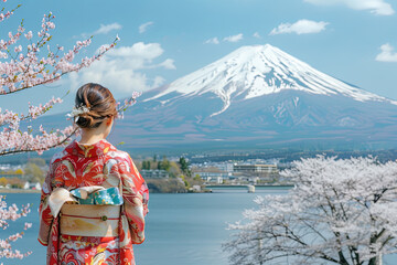 Japanese woman dressed in traditional kimono attire, posed against the iconic Mount Fuji and cherry blossom trees at Kawaguchiko Lake in Japan