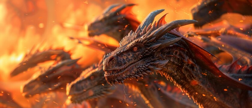 Close-up view of an angry evil dragons with red eyes and fire flames.