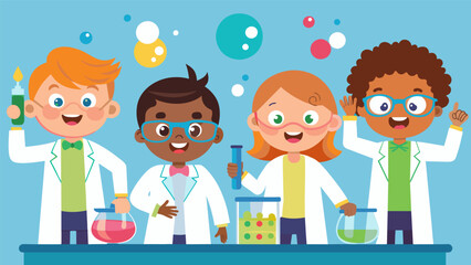 Children wearing lab coats and safety goggles eagerly showcasing their experiments at the first science fair party.