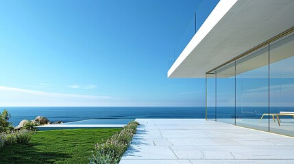 Professional photography, the angle is looking out from the floortoceiling glass window, a highend back garden, closeup, with a cloudless sky, lawn, beach view, real picture