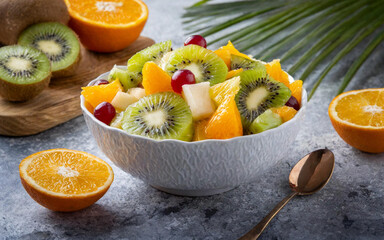 A colorful bowl of healthy tropical fruit salad halved oranges, and kiwifruits on the side, gray marble table. Healthy eating concept.