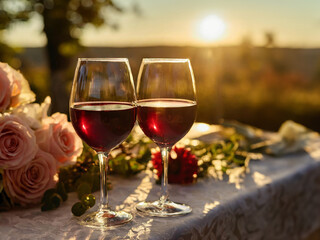 A table with two glasses of red wine and a wedding decoration standing on the terrace. Sunset, golden hour, blurry background.