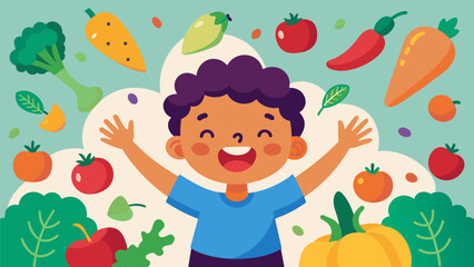 Surrounded by a colorful array of fresh produce a child excitedly samples a variety of different vegetables their taste buds dancing with