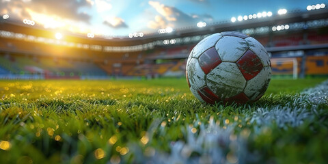Soccer ball  in stadium. The concept of sports events  - obrazy, fototapety, plakaty