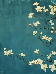 a solid background, a single dogwood tree on the right, simple, motif