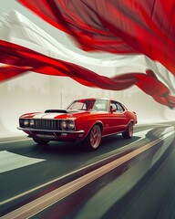 Classic Muscle Car, large white and red fabric waiving in the air, halo glow, light streak, leonardo da vinci photography, OMG its awesome - obrazy, fototapety, plakaty