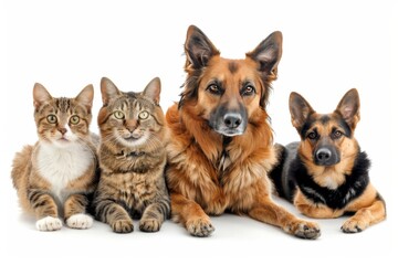 Assorted cats and dogs together in studio, white background with copy space, high quality image