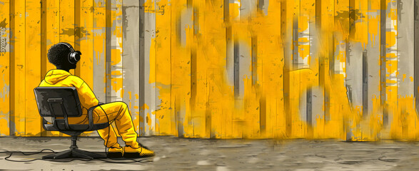 African American man sitting with headphones in yellow tracksuit, music album cover