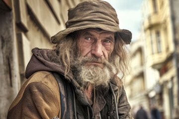Obraz premium Portrait of a homeless man on the street.