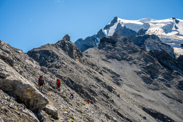 A group of hikers trek along a rocky trail with the snow-capped peak of Ortles mountain towering in the background under a clear blue sky.
