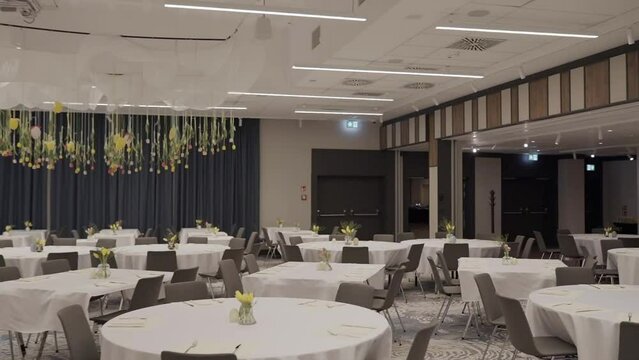 Expensive restaurant and its interior decorated with spring paraphernalia