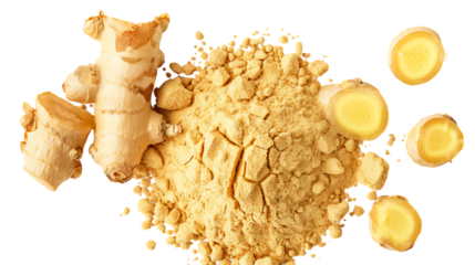 A pile of ginger powder sits next to slices of fresh ginger root.