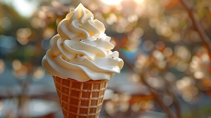 Waffle Cone Filled With A Towering Swirl Of Soft-serve Ice Cream