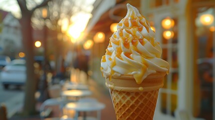 Waffle Cone Filled With A Towering Swirl Of Soft-serve Ice Cream