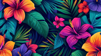 Tropical Garden Botanical Composition. Bright Exotic Flowers and Lush Foliage