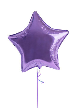 Flying one toy balloon inflated with helium of bright metallic purple or violet colour of star shape with ribbon isolated on white background used as greeting surprise gift for celebration of birthday