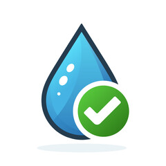 Water drop icon with checkmark. Clean water concept. Drinkable water icon isolated on white background. Vector illustration