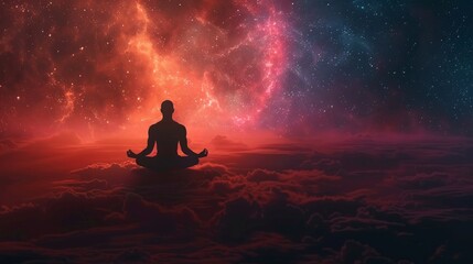 Abstract cosmic silhouette of a man sitting in the lotus position during meditation - obrazy, fototapety, plakaty