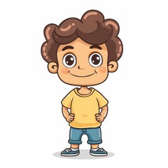Obraz premium A cartoon boy with a yellow shirt and blue shorts is smiling