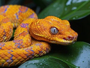 Fototapeta premium A striking close-up focused on a vivid orange snake coiled on a backdrop of fresh green foliage