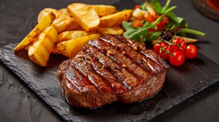 A steak and fries on a slate plate