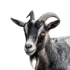 A black and white goat with horns looking at the camera.