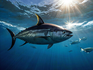 Bluefin tuna jumping from the sea surface