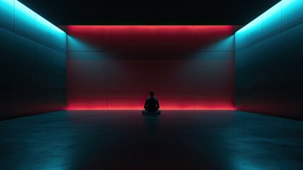 Lonely human meditating in dark room. Abstract AI-generated background. Future technologies and artificial intelligence concept.