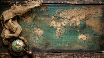 A globe sits on a wooden table with a map of the world behind it. The globe is surrounded by a brown cloth, giving the scene a vintage and nostalgic feel. The combination of the globe