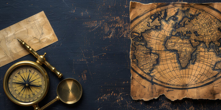A map of the world is on a table with a compass and a piece of paper. The map is old and worn, and the compass is on top of it. Scene is nostalgic and adventurous