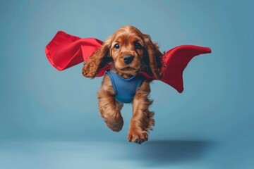 Playful puppy in superhero attire flying on blue background, creating a fun and charming scene