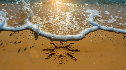 A sun drawn in the sand on an exotic beach, with gentle waves crashing against it, symbolizing summer and vacation. The sun is drawn using clear lines of yellowish brown color. 
