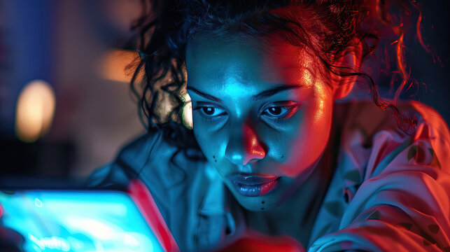 Young woman using smartphone in bed at night. Nomophobia and sleeping disorder problem.