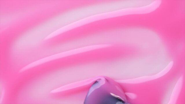 Gel nail polish, pink shellac UV gel brush, varnish, manicure concept, slow motion. Manicure salon, shellac texture background, backdrop. Top view. 